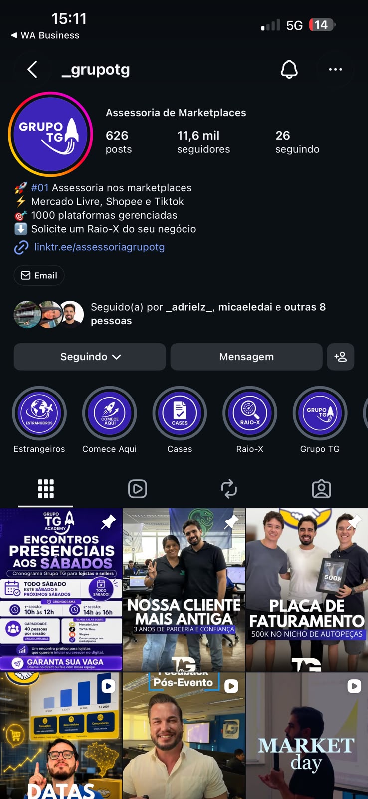 Perfil oficial @_grupotg no Instagram com mais de 11 mil seguidores e destaques sobre eventos e resultados do Grupo TG